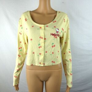 Sanrio Hello Kitty Yellow Long Sleeve Crop Cherry Button Front Lounge Shirt Top